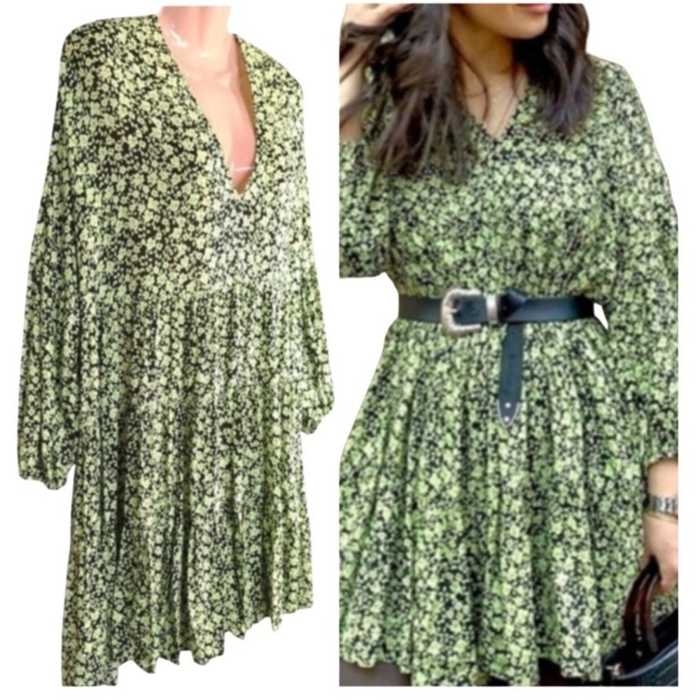 Zara Oversized Dress Size M Green Floral Tiered High Low Viscose Flowy Boho